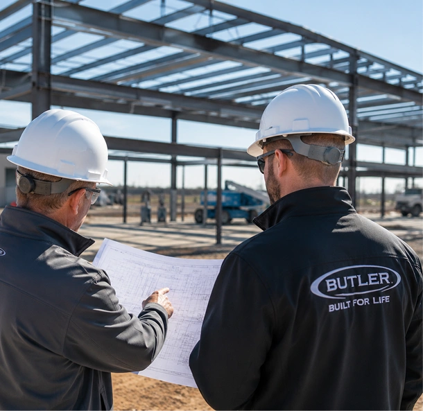 image1 Two builders in hard hats reviewing plans in front of a steel building frame