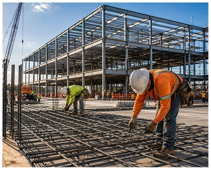image2 Crew tying rebar for a concrete slab inside a steel building frame