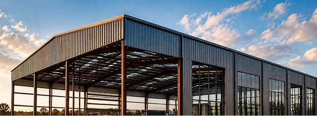 Steel building frame with a metal roof and open sides