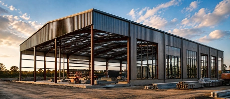 Steel building frame under construction at sunset