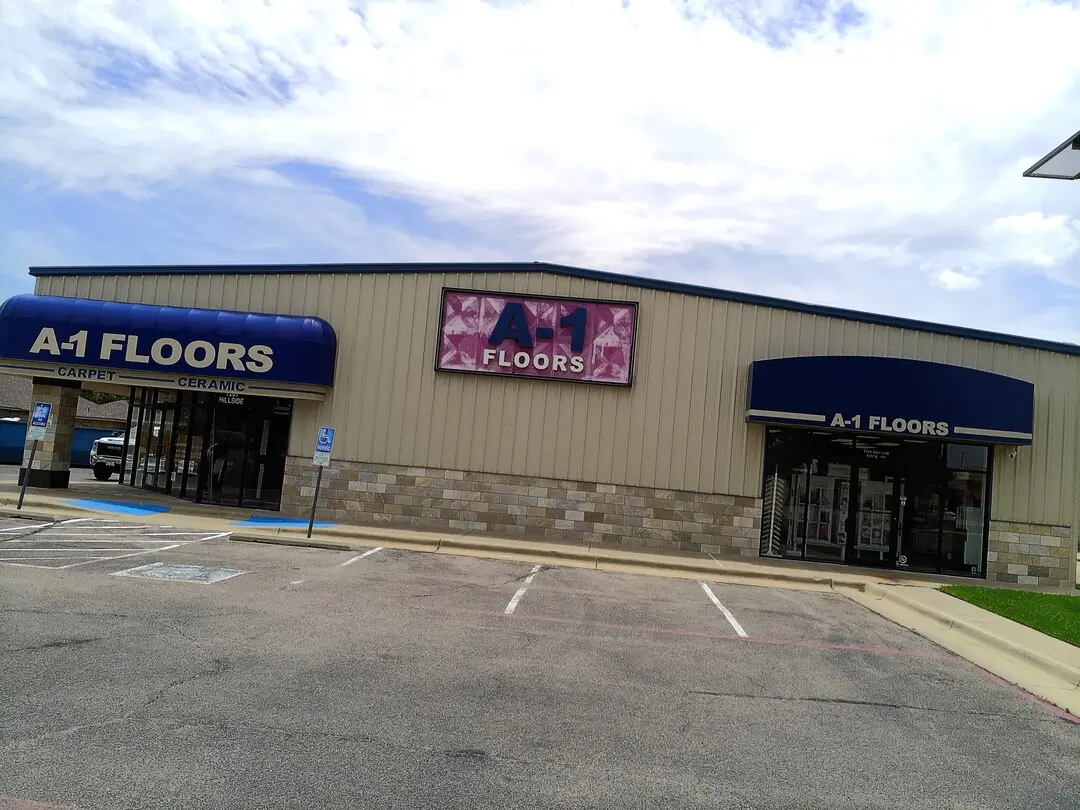 A-1 Floors storefront with blue awnings in Amarillo, TX
