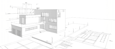 Architectural line drawing of a modern two-story commercial building